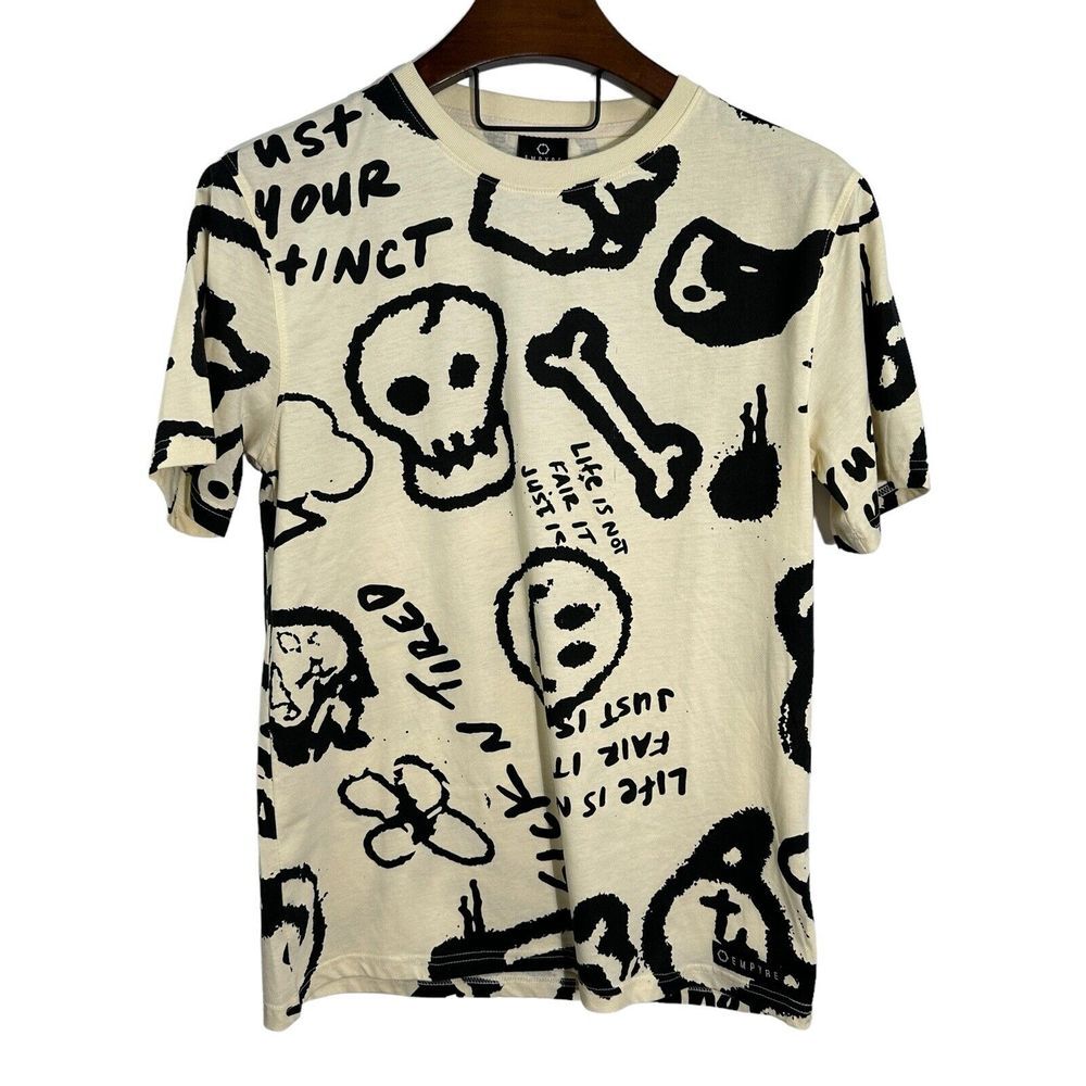EMPYRE AOP All Over Print Ivory T-Shirt Skulls Crossbones Size‎ Large *FLAW*